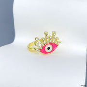 Eyelash Evil Eye Copper Cubic Zirconia Enamel Gold Pink Adjustable Ring For Women