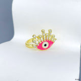 Eyelash Evil Eye Copper Cubic Zirconia Enamel Gold Pink Adjustable Ring For Women