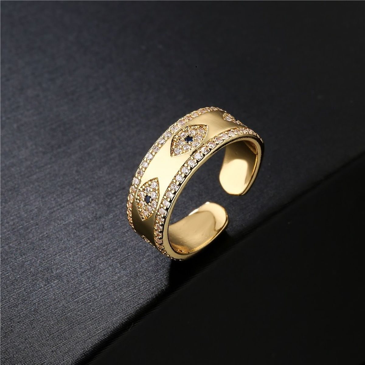 Evil Eye 18K Gold Cubic Zirconia Copper Free Size Open Ring for Women