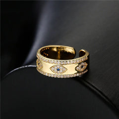 Evil Eye 18K Gold Cubic Zirconia Copper Free Size Open Ring for Women