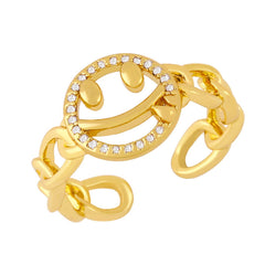 Smiley Face Copper Cubic Zirconia Gold Free Size Adjustable Ring Women