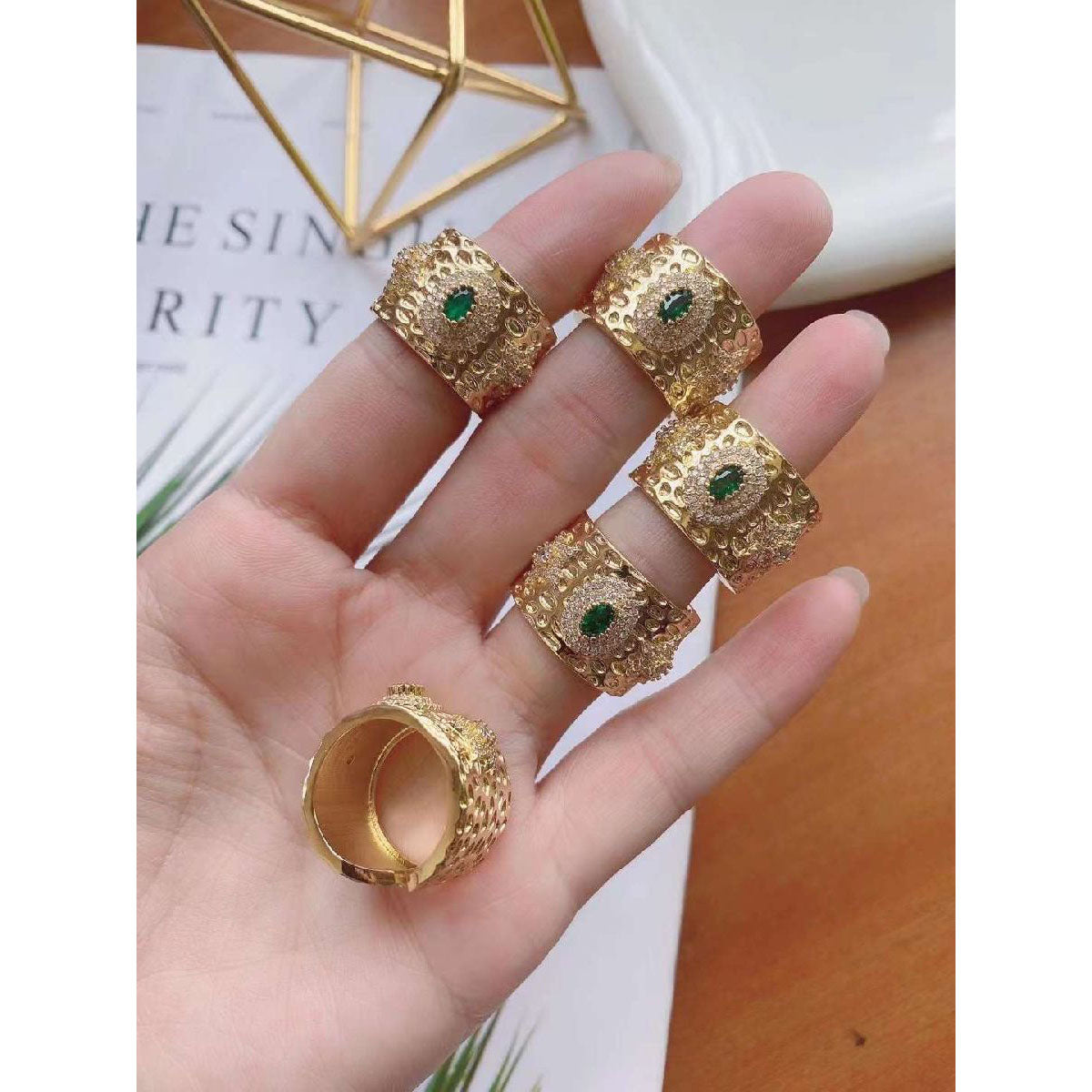 Copper Dotted Cubic Zirconia Crystal Gold Adjustable Band Ring Women