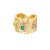Copper Etched Green Emerald Gold Adjustable Band Ring Women
