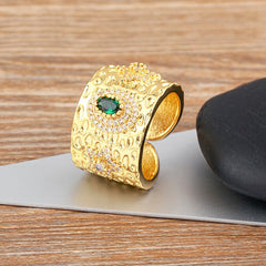 Copper Etched Green Emerald Gold Adjustable Band Ring Women