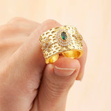Copper Etched Green Emerald Gold Adjustable Band Ring Women