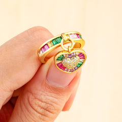 Heart Love Rainbow Multi Color Baguette 18K Gold Open Back Ring