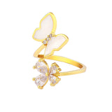 Butterfly Flower Mother of Pearl Zircon 18K Gold Adjustable Ring Women
