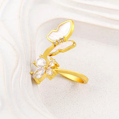 Butterfly Flower Mother of Pearl Zircon 18K Gold Adjustable Ring Women