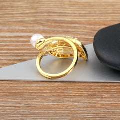 Feather Leaf Pearl Baguette Cubic Zirconia 18K Gold Free Size Ring for Women