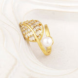 Feather Leaf Pearl Baguette Cubic Zirconia 18K Gold Free Size Ring for Women