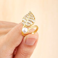Feather Leaf Pearl Baguette Cubic Zirconia 18K Gold Free Size Ring for Women