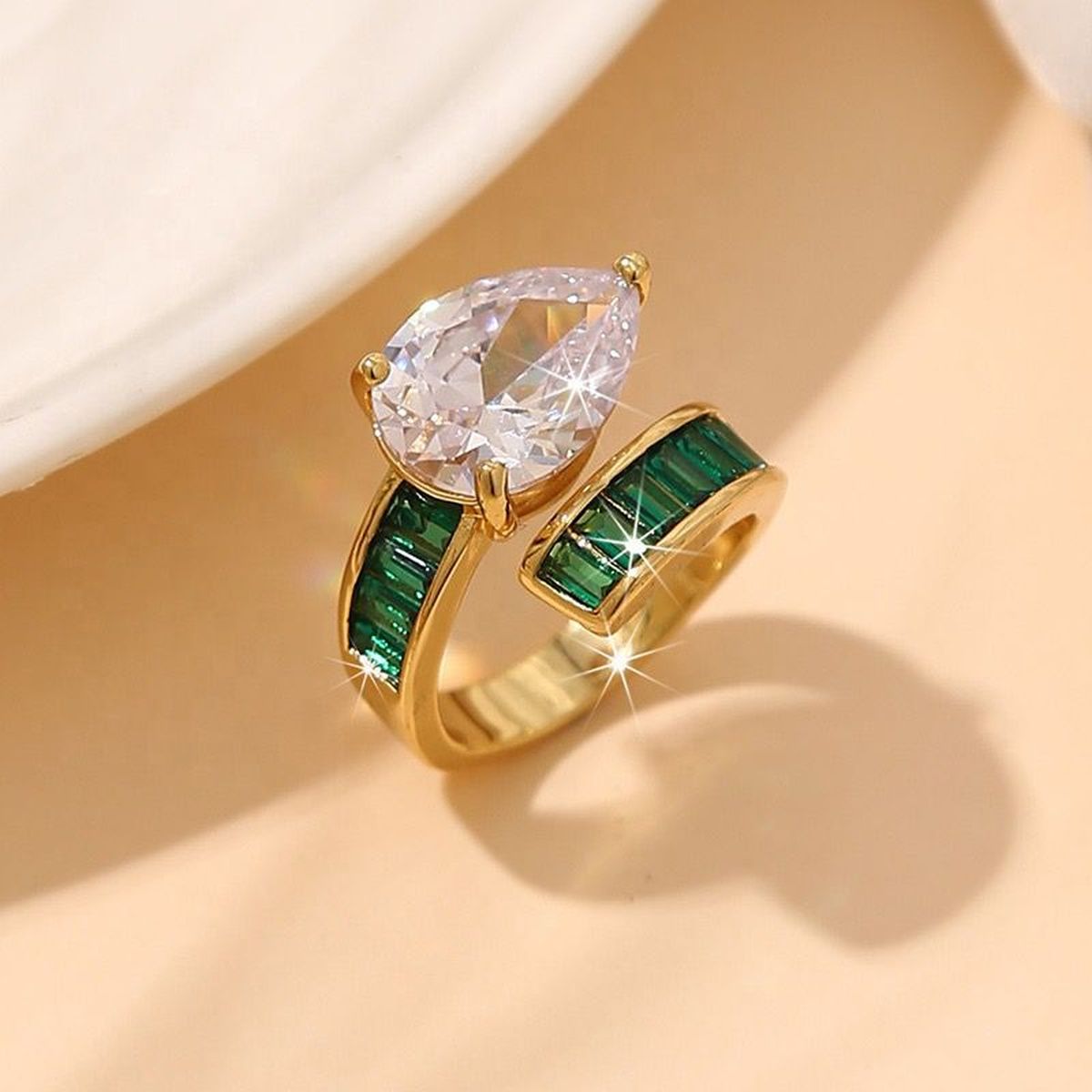 Pear Drop Baguette Cubic Zirconia 18K Gold Free Size Ring Women