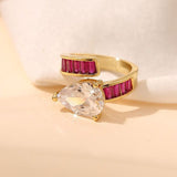 Pear Drop Baguette Cubic Zirconia 18K Gold Free Size Ring For Women