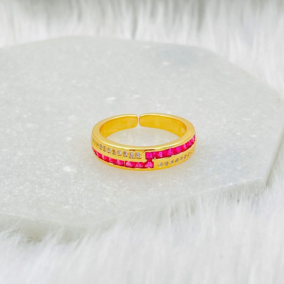 Ruby Red Copper Zig Zag Cubic Zirconia 18K Gold Open Back Ring