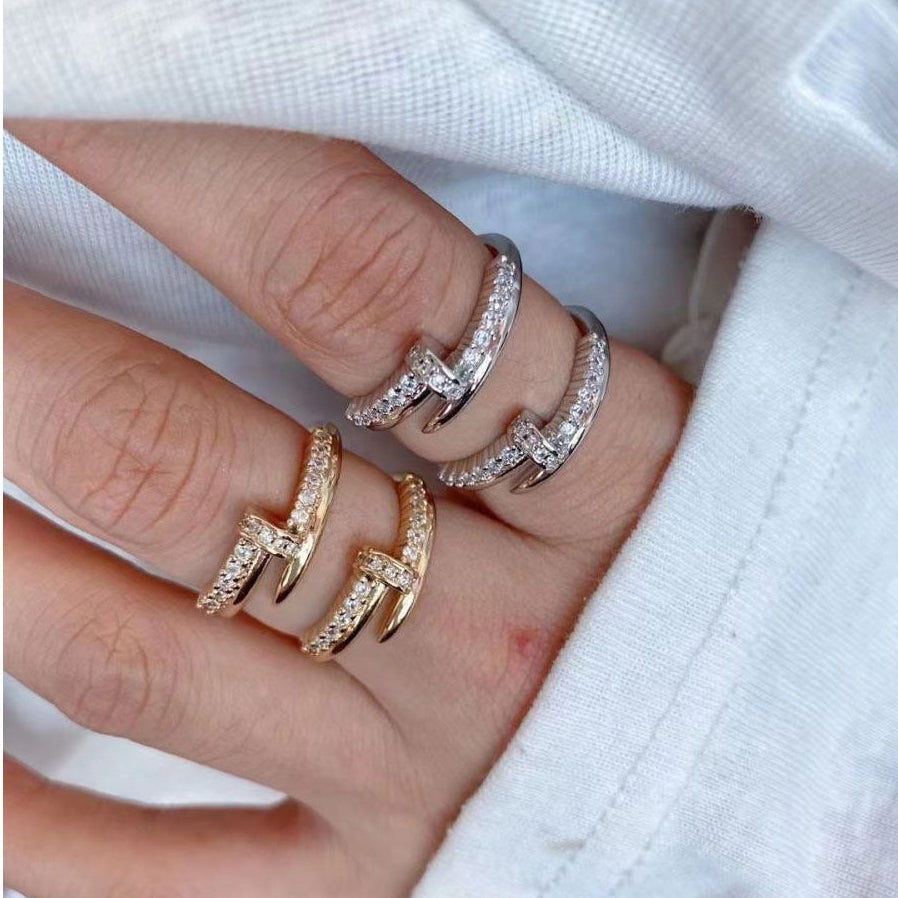 Nail Screw CZ 18K Gold Silver Anti Tarnish Free Size Ring