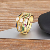 Rainbow Multi Color Fancy Cubic Zirconia heart 18K Gold Ring for Women