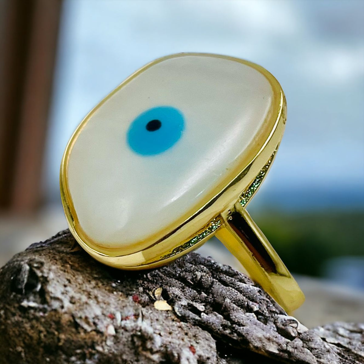 Fancy Shape Evil Eye Mother Of Pearl 18K Gold Anti Tarnish Free Size Ring For Women