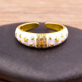 Star White Enamel Cubic Zirconia 18K Gold Anti Tarnish Free Size Band Ring For Women
