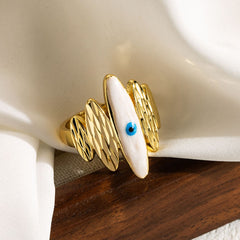 Pink Enamel Evil Eye 5 Beaten 18K Gold Layers Anti Tarnish Free Size Ring for Women