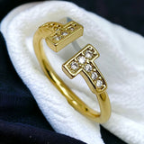 T Shape Cubic Zirconia Anti Tarnish 18K Gold Free Size Ring For Women