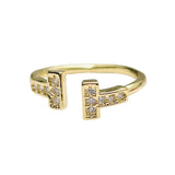 T Shape Cubic Zirconia Anti Tarnish 18K Gold Free Size Ring For Women