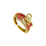 Zip Crystal Cubic Zirconia Red 18K Gold Anti Tarnish Adjustable Ring For Women