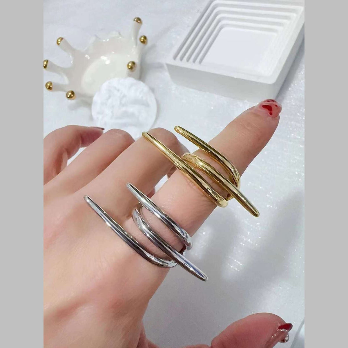 Triple Nail 18K Gold Anti Tarnish Free Size Ring For Women