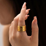 Hammered 18K Gold Stainless Steel Anti Tarnish Band Ring For Women