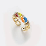 Rainbow Curb Chain Multi 18K Gold Cubic Zirconia Anti Tarnish Free Size Ring For Women