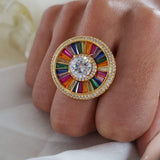 Rainbow Solitaire Multi 18K Gold Cubic Zirconia Crystal Anti Tarnish Adjustable Ring For Women