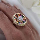 Rainbow Solitaire Multi 18K Gold Cubic Zirconia Crystal Anti Tarnish Adjustable Ring For Women