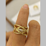 Baguette Cross Layer Cubic Zirconia 18K Gold Anti Tarnish Adjustable Ring For Women