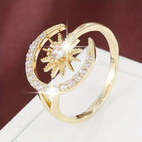 Crescent Moon Star 18K Gold Cubic Zirconia Anti Tarnish Free Size Ring For Women