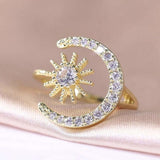 Crescent Moon Star 18K Gold Cubic Zirconia Anti Tarnish Free Size Ring For Women