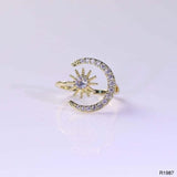 Crescent Moon Star 18K Gold Cubic Zirconia Anti Tarnish Free Size Ring For Women