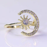 Crescent Moon Star 18K Gold Cubic Zirconia Anti Tarnish Free Size Ring For Women