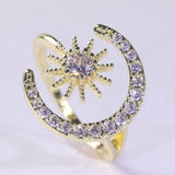 Crescent Moon Star 18K Gold Cubic Zirconia Anti Tarnish Free Size Ring For Women