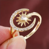 Crescent Moon Star 18K Gold Cubic Zirconia Anti Tarnish Free Size Ring For Women