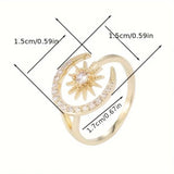 Crescent Moon Star 18K Gold Cubic Zirconia Anti Tarnish Free Size Ring For Women