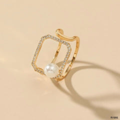 Octagon 18K Gold Cubic Zirconia Pearl Anti Tarnish Adjustable Ring For Women