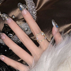 Octagon 18K Gold Cubic Zirconia Pearl Anti Tarnish Adjustable Ring For Women