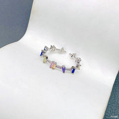 Rainbow Baguette Cubic Zirconia Crystal Multi Silver Anti Tarnish Free Size Ring For Women