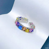 Rainbow Heart Layer Multi Silver Crystal Anti Tarnish Free Size band Ring For Women