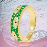 Eye Lash Evil Eye green 18K Gold Enamel Anti Tarnish Free Size band Ring For Women