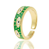 Eye Lash Evil Eye green 18K Gold Enamel Anti Tarnish Free Size band Ring For Women