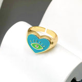 Heart Evil Eye Blue 18K Gold Enamel Anti Tarnish Adjustable Ring For Women