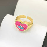 Heart Evil Eye Blue 18K Gold Enamel Anti Tarnish Adjustable Ring For Women