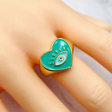 Heart Evil Eye Blue 18K Gold Enamel Anti Tarnish Adjustable Ring For Women