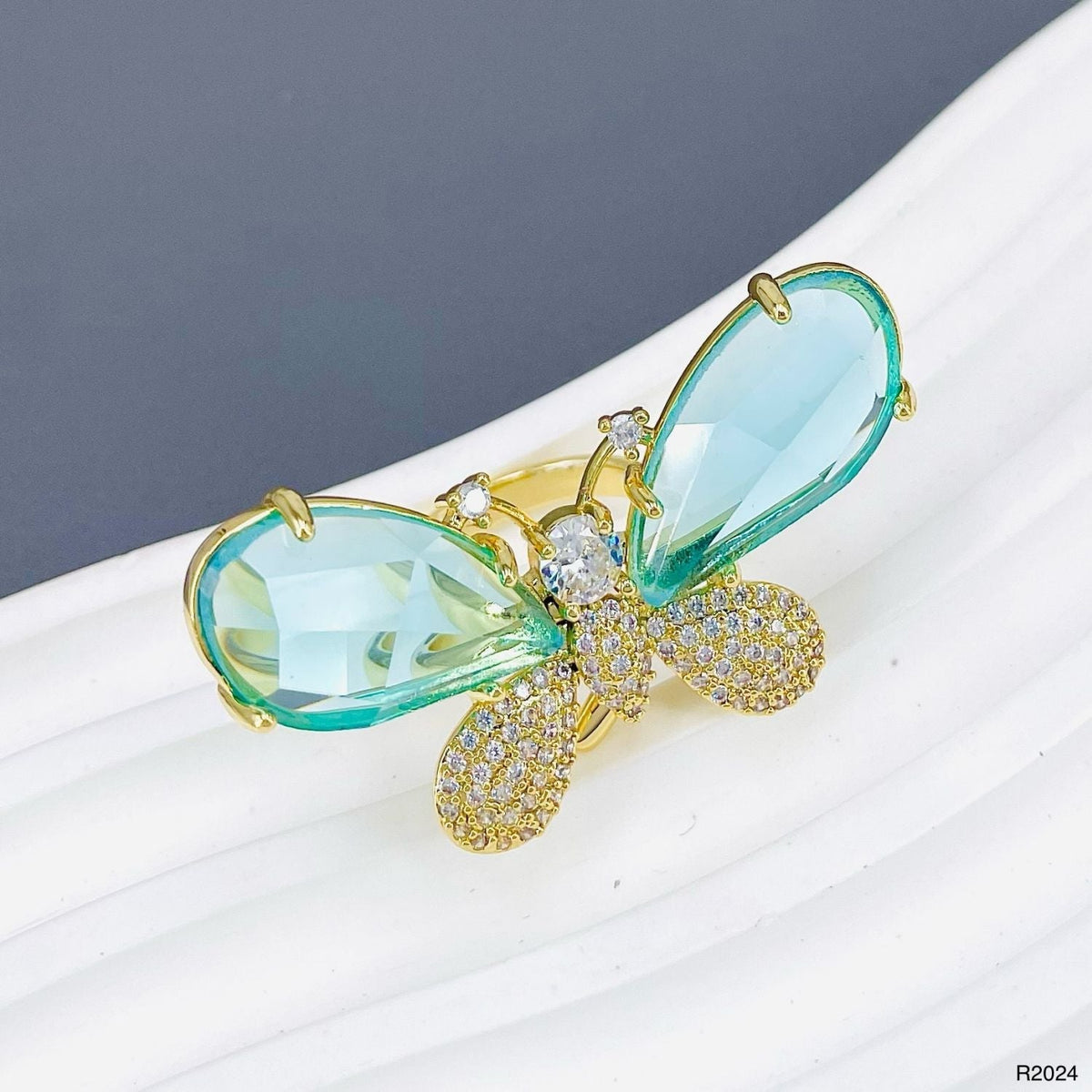 Butterfly Cubic Zirconia Crystal Green 18K Gold Anti Tarnish Adjustable Ring For Women
