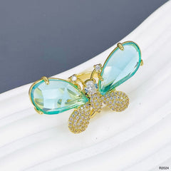 Butterfly Cubic Zirconia Crystal Green 18K Gold Anti Tarnish Adjustable Ring For Women